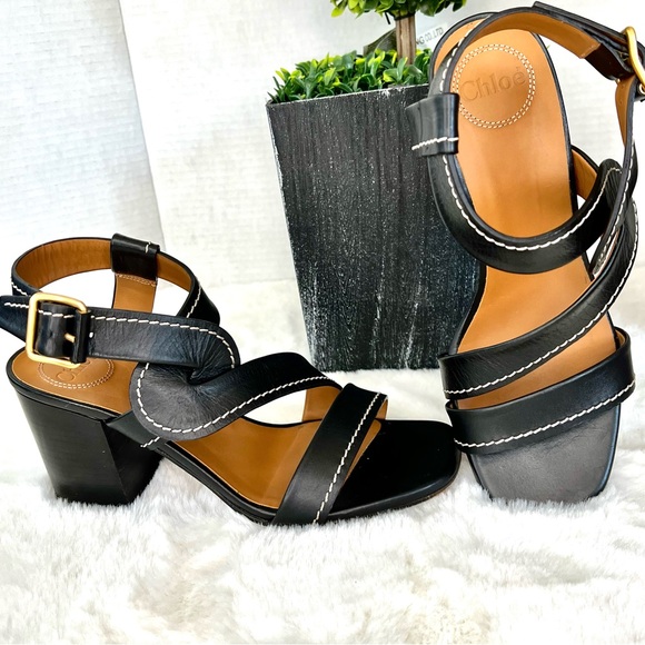 Chloe Candice Topstitch Block Heel Sandals Black Size EU 40 - Picture 14 of 16